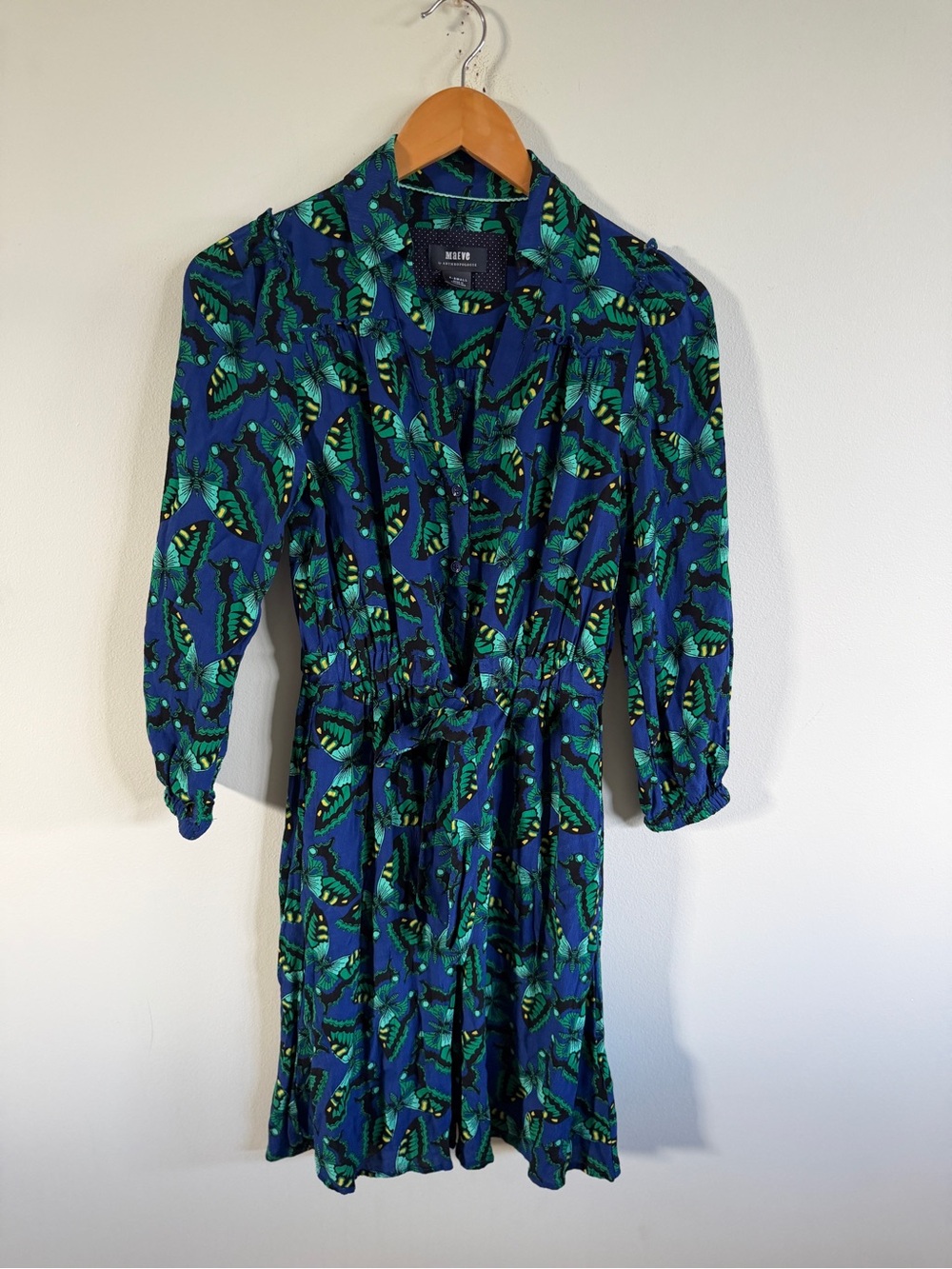 Maeve Blue & Green Printed Long Sleeve Wrap Dress butterflies size XS